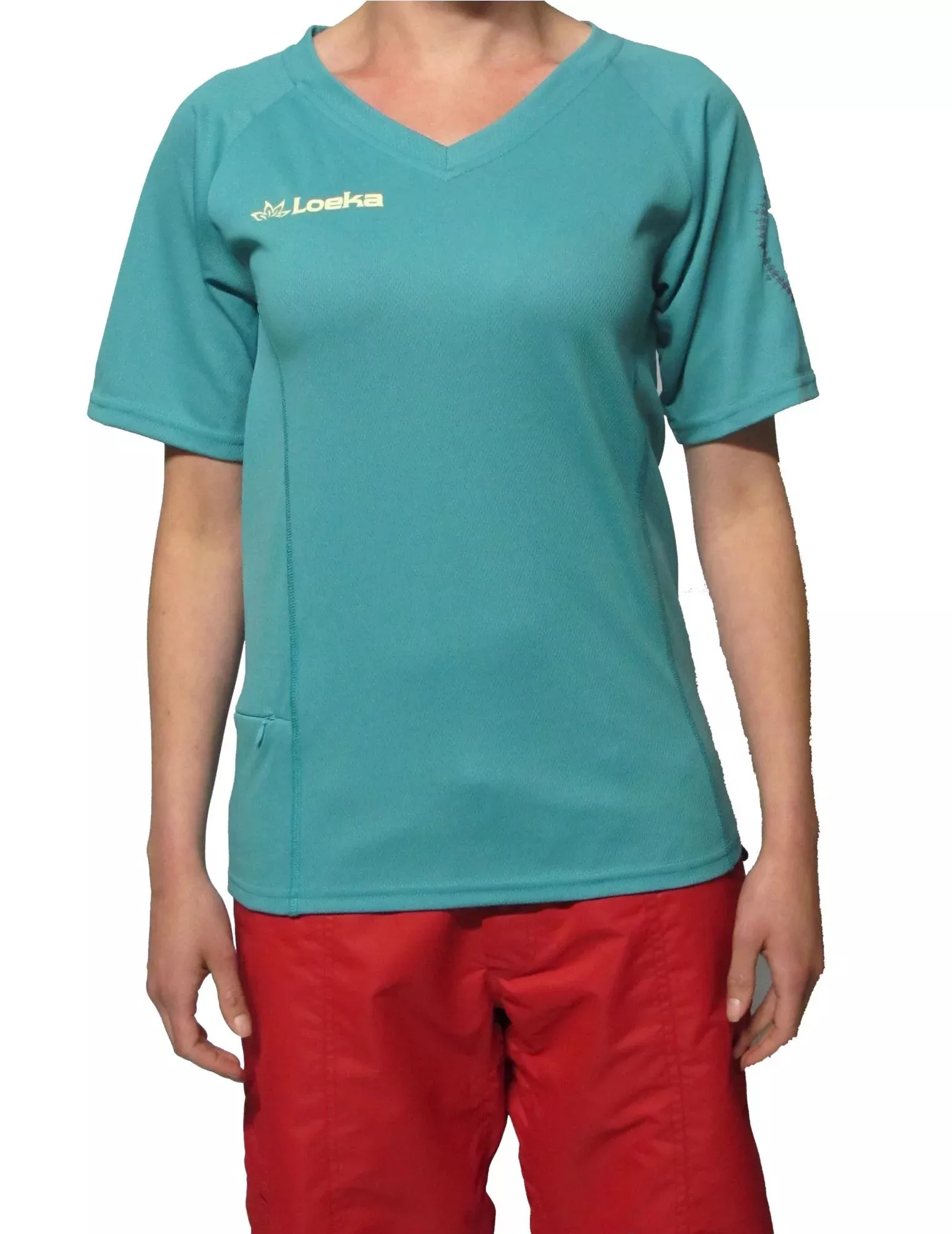 Loeka Womens Kasista V-Neck Short Sleeve Jersey - Green Blue Slate