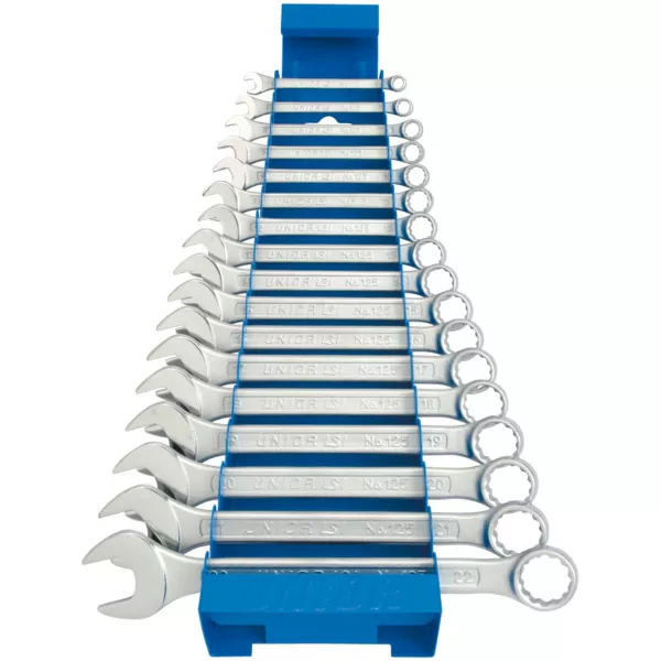 Unior 125/1MS Set of Combination Wrenches, Short Type on Metal StandSet includes:17x short combination wrench dim: 6, 7, 8, 9, 10, 11, 12, 13, 14, 15, 16, 17, 18, 19, 20, 21, 22